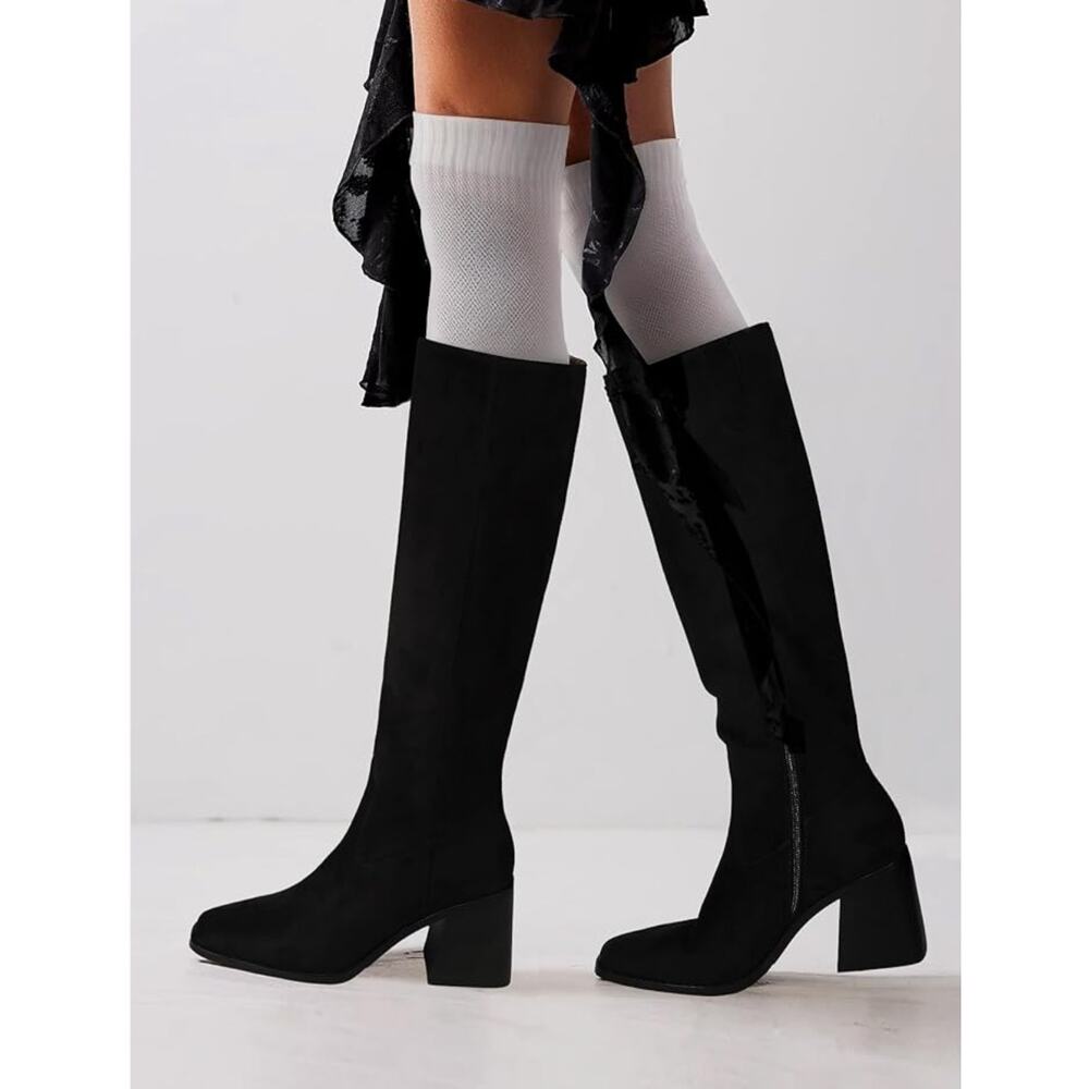 Bl. MSRP $80 NWB MUCCCUTE BLACK SUEDE KNEE HIGH BLOCK HEEL BOOTS ♡SIZE 8♡